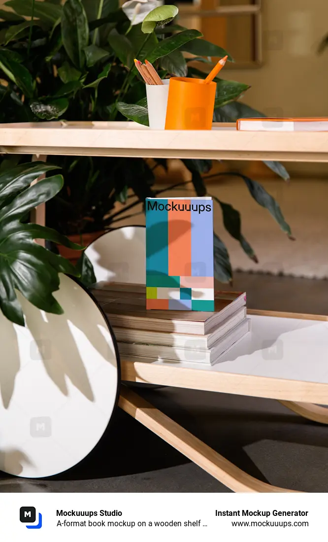 A-format book mockup on a wooden shelf with decor