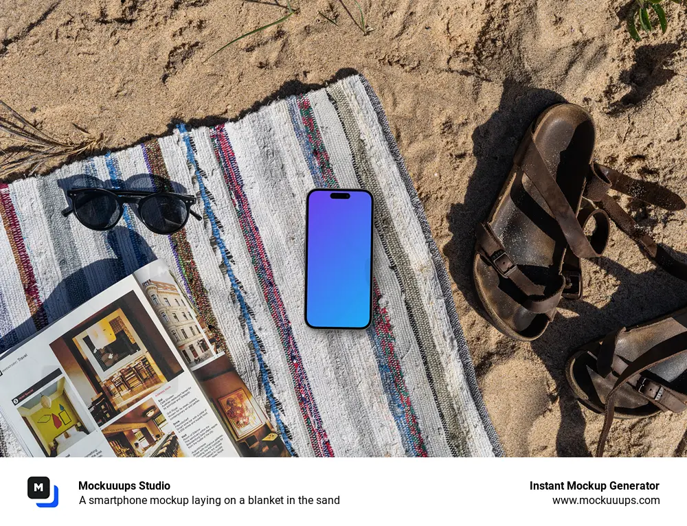 A smartphone mockup laying on a blanket in the sand