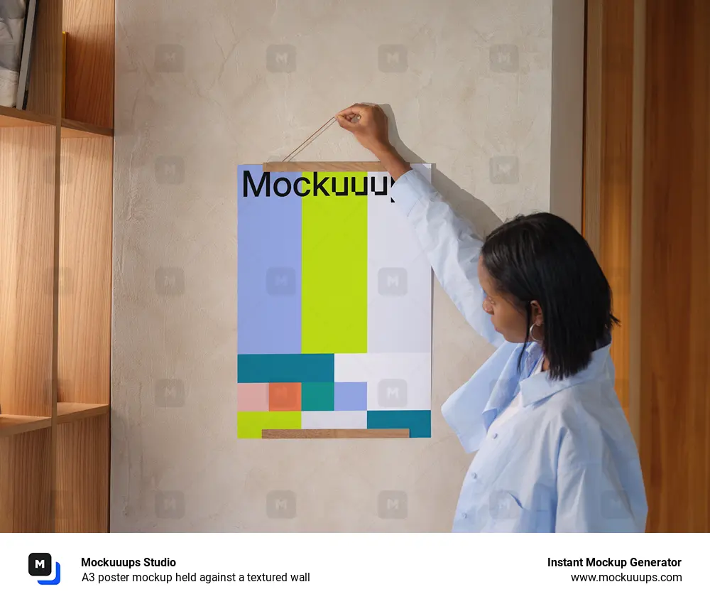 A3 poster mockup held against a textured wall