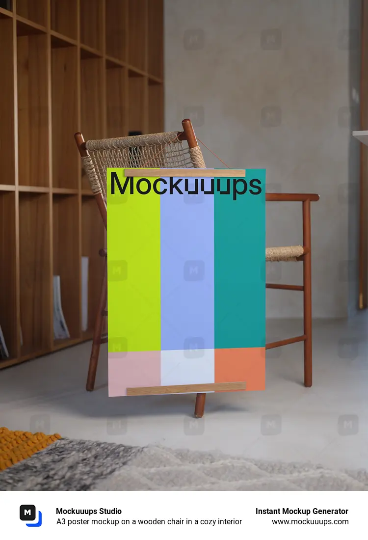 A3 poster mockup on a wooden chair in a cozy interior