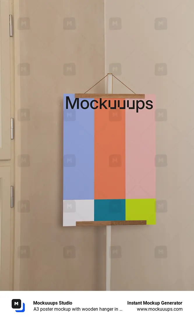 A3 poster mockup with wooden hanger in a neutral interior