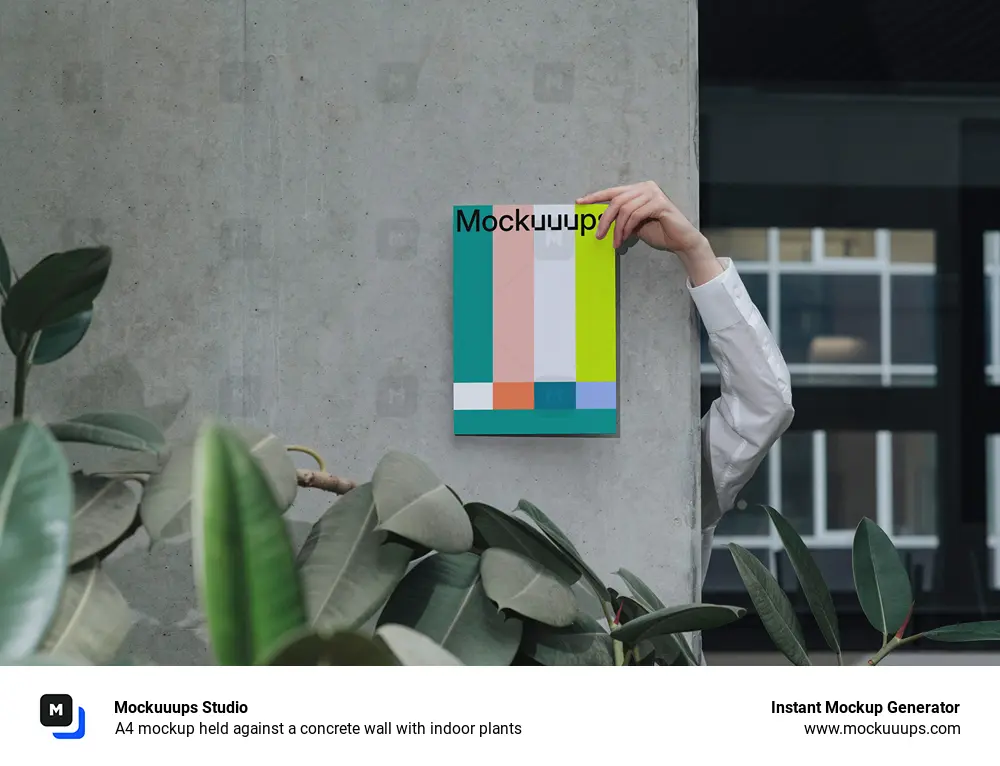 A4 mockup held against a concrete wall with indoor plants