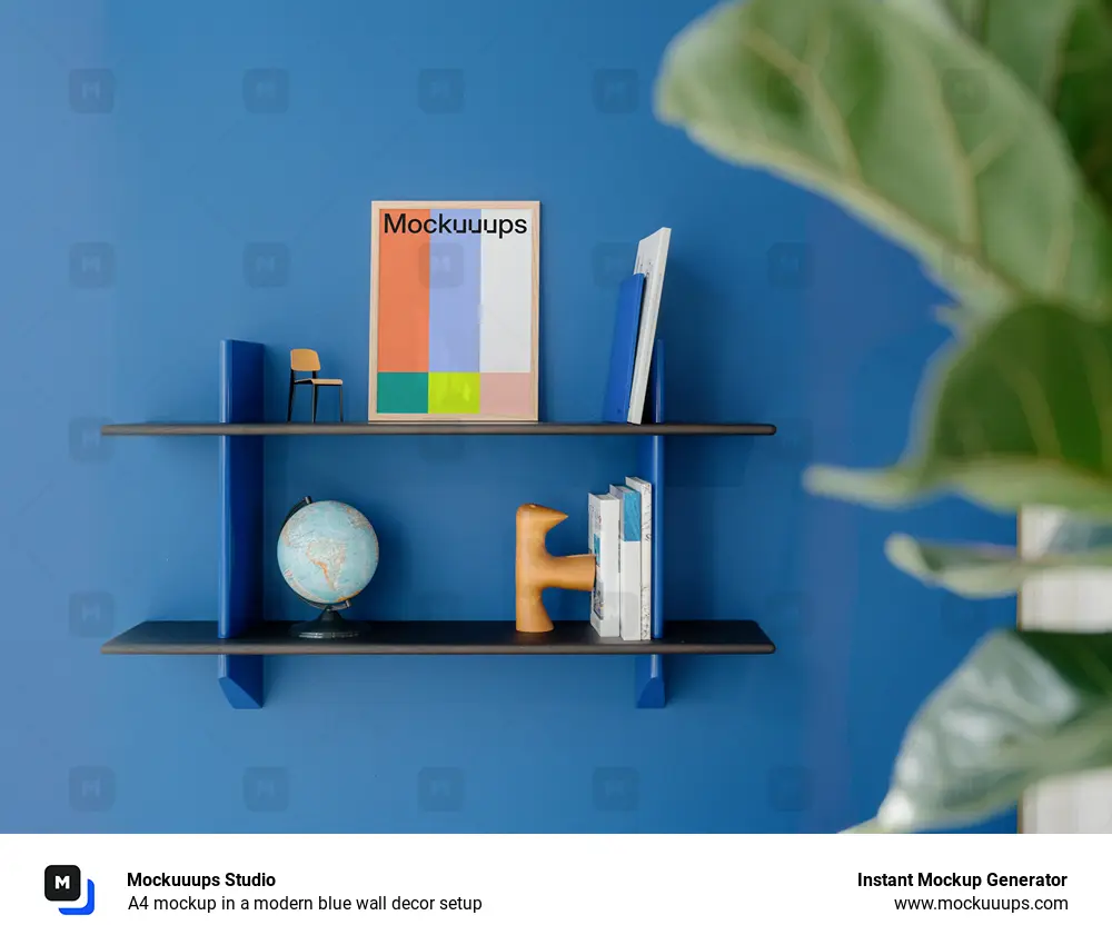 A4 mockup in a modern blue wall decor setup