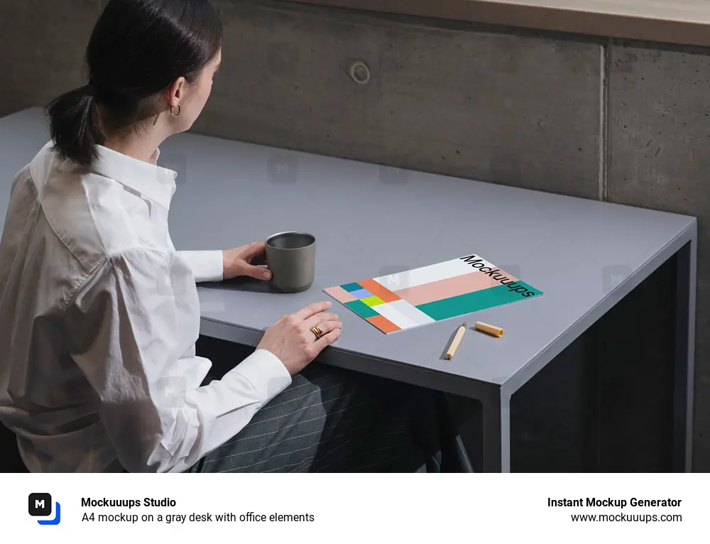 A4 mockup on a gray desk with office elements