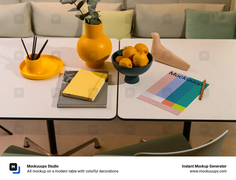 A4 mockup on a modern table with colorful decorations