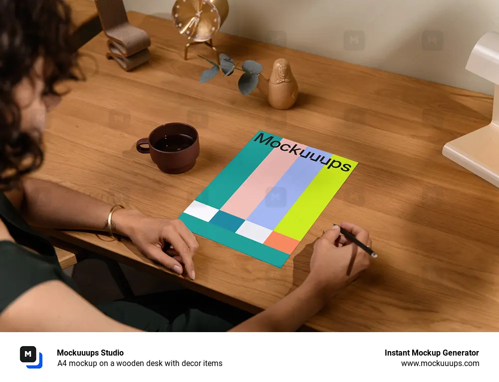 A4 mockup on a wooden desk with decor items