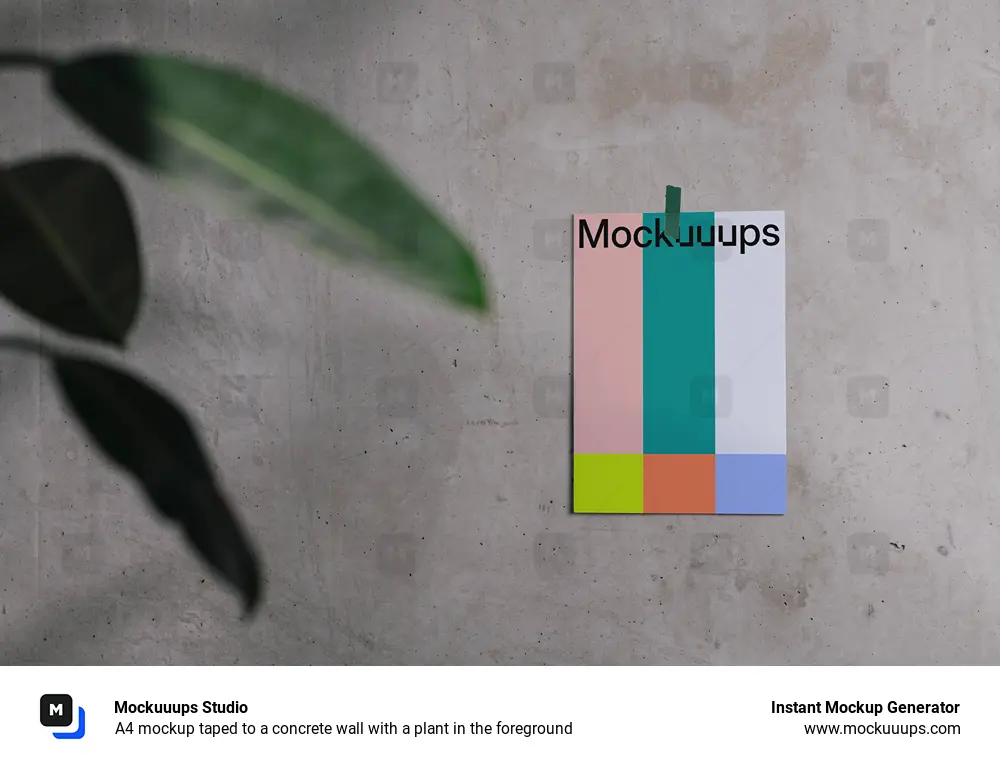 A4 mockup taped to a concrete wall with a plant in the foreground