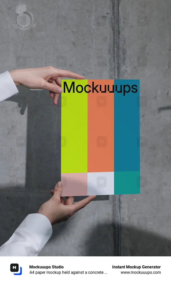 A4 paper mockup held against a concrete wall