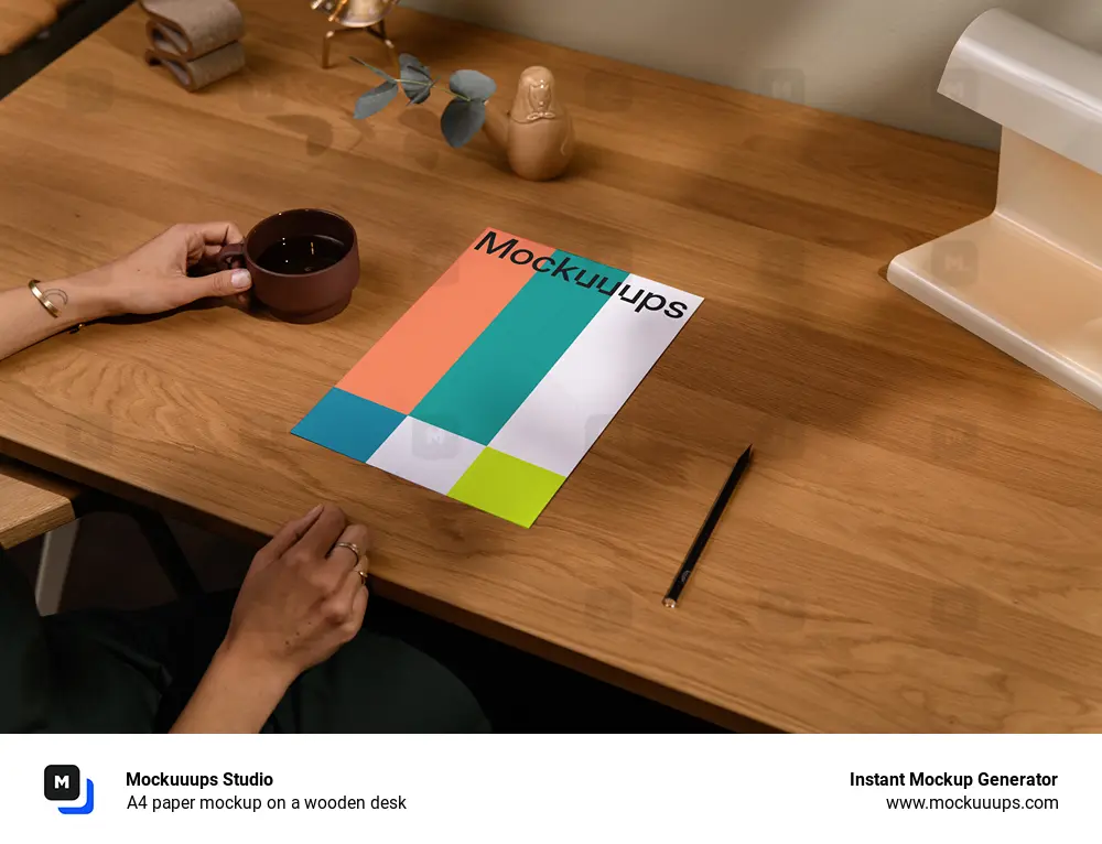 A4 paper mockup on a wooden desk