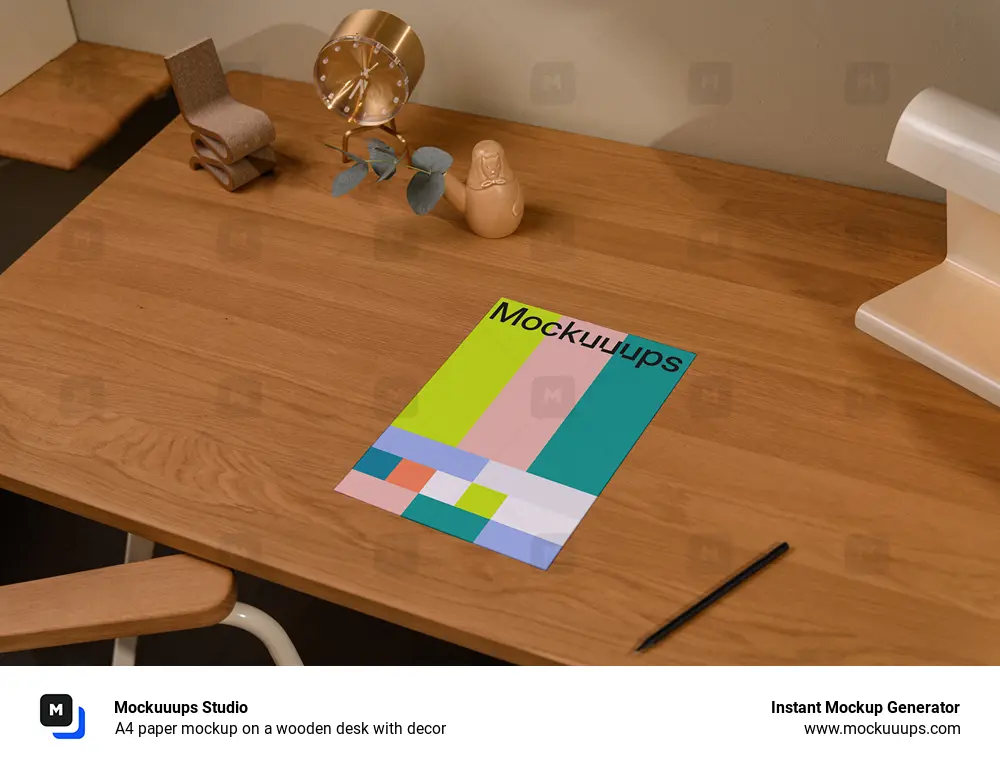 A4 paper mockup on a wooden desk with decor