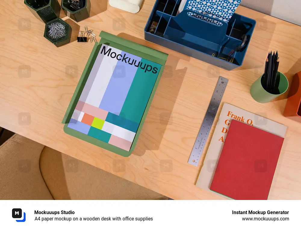 A4 paper mockup on a wooden desk with office supplies