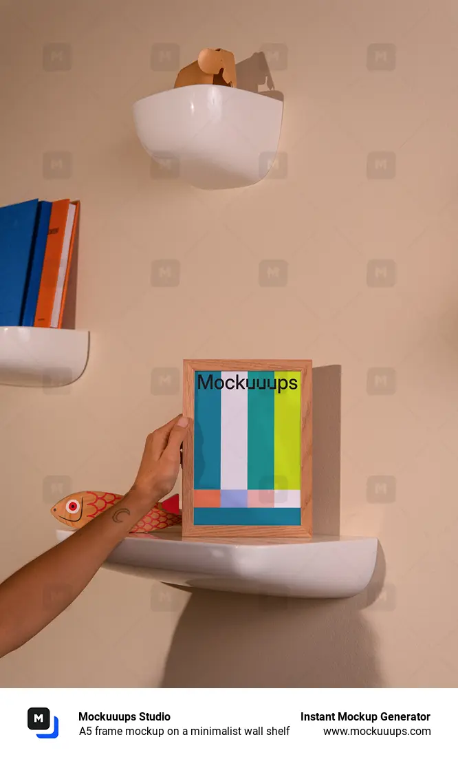 A5 frame mockup on a minimalist wall shelf