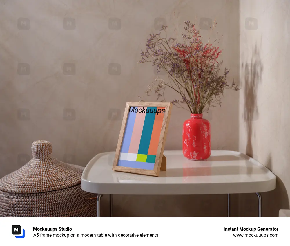 A5 frame mockup on a modern table with decorative elements