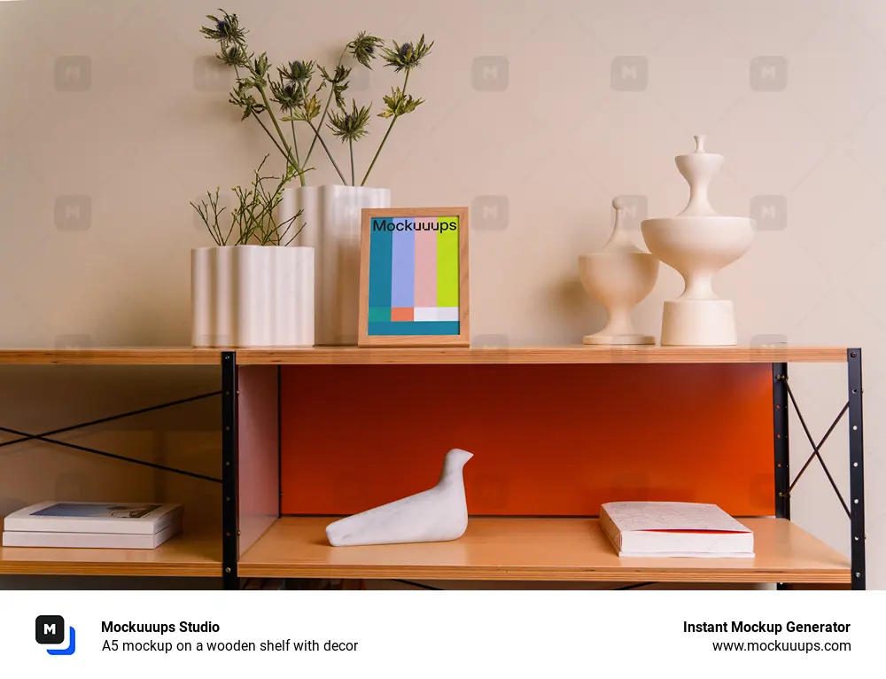 A5 mockup on a wooden shelf with decor