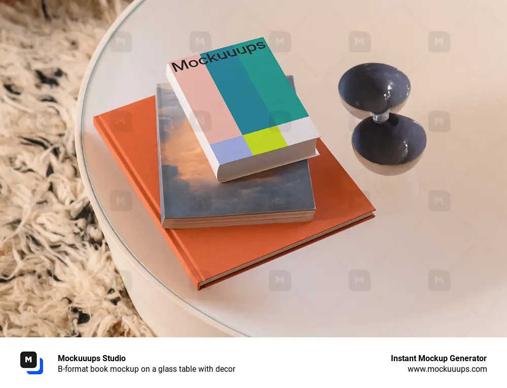 B-format book mockup on a glass table with decor