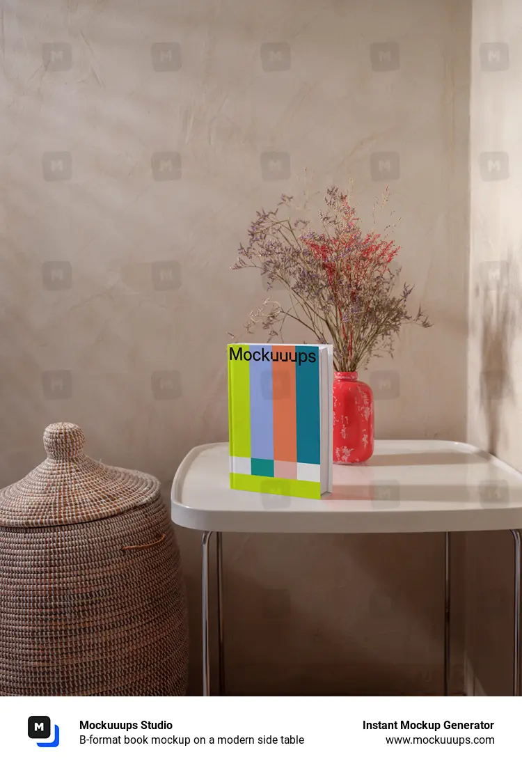 B-format book mockup on a modern side table