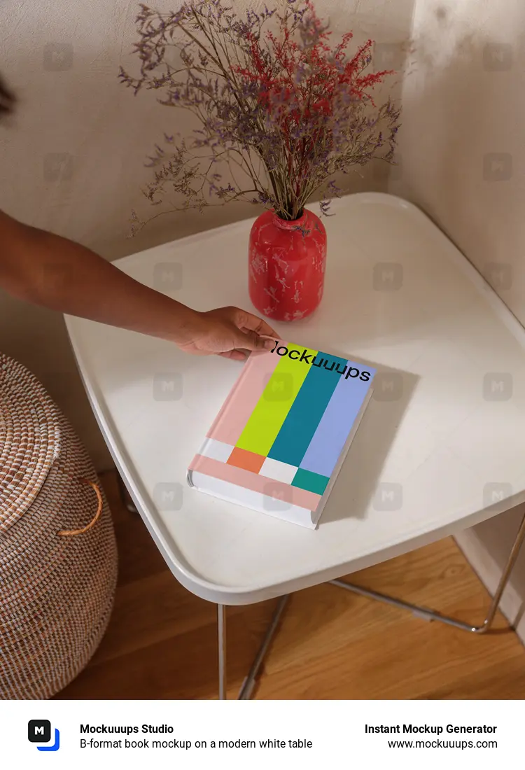B-format book mockup on a modern white table
