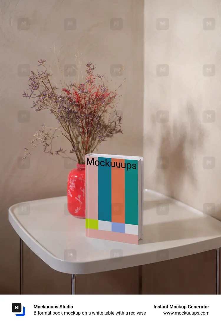 B-format book mockup on a white table with a red vase