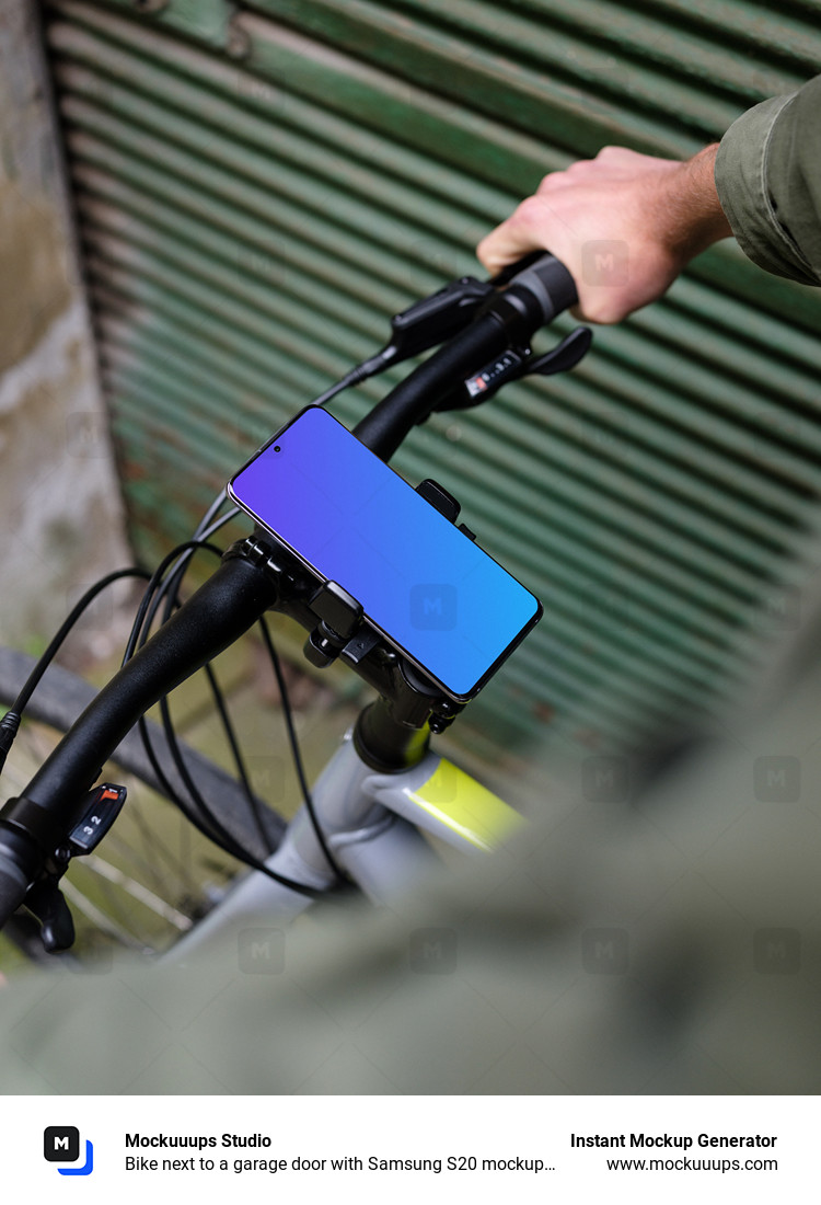 Bike next to a garage door with Samsung S20 mockup in bike mount