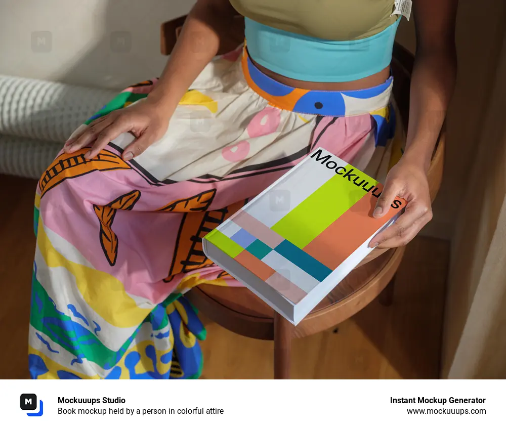 Book mockup held by a person in colorful attire