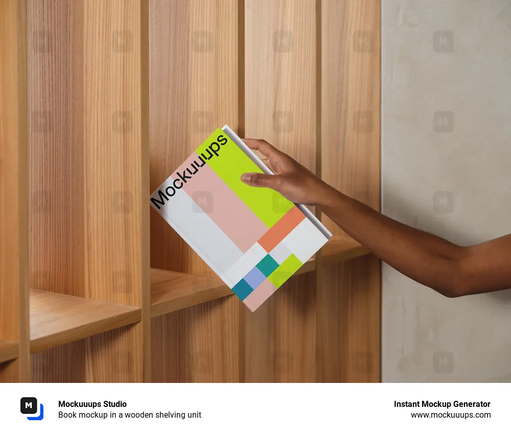 Book mockup in a wooden shelving unit