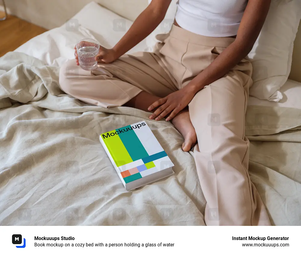 Book mockup on a cozy bed with a person holding a glass of water