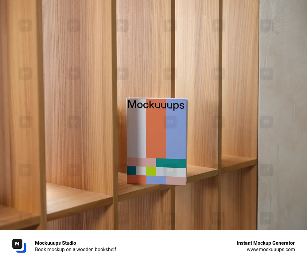 Book mockup on a wooden bookshelf