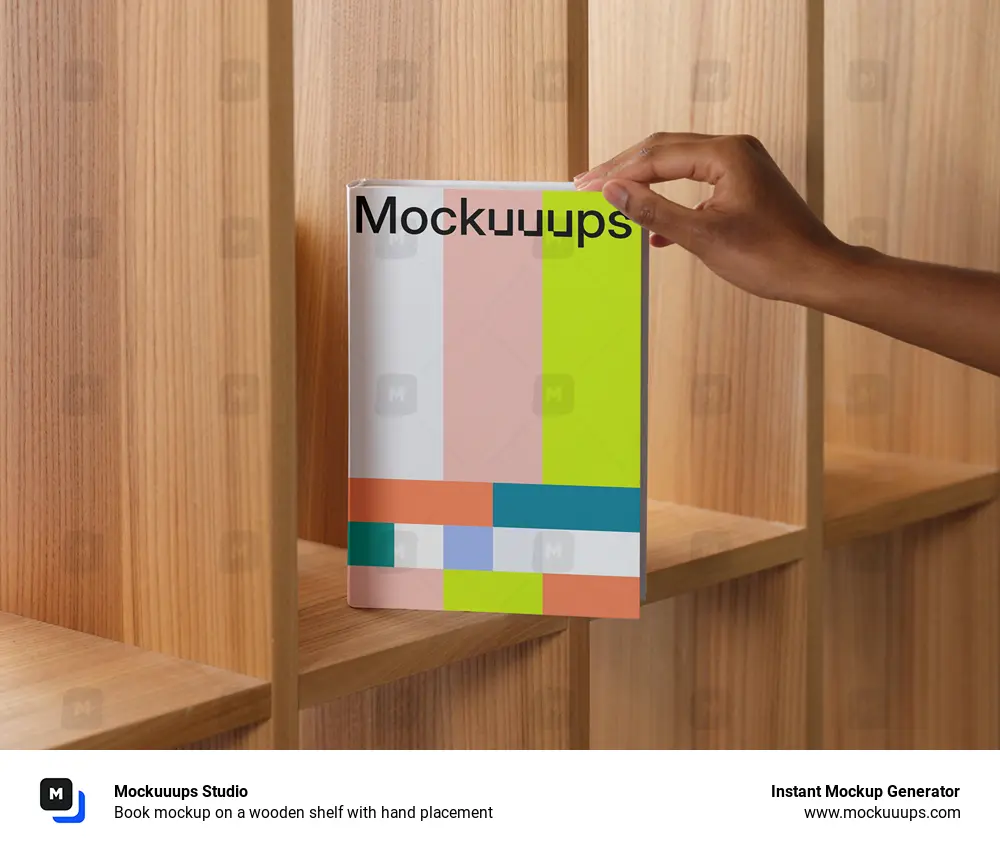 Book mockup on a wooden shelf with hand placement