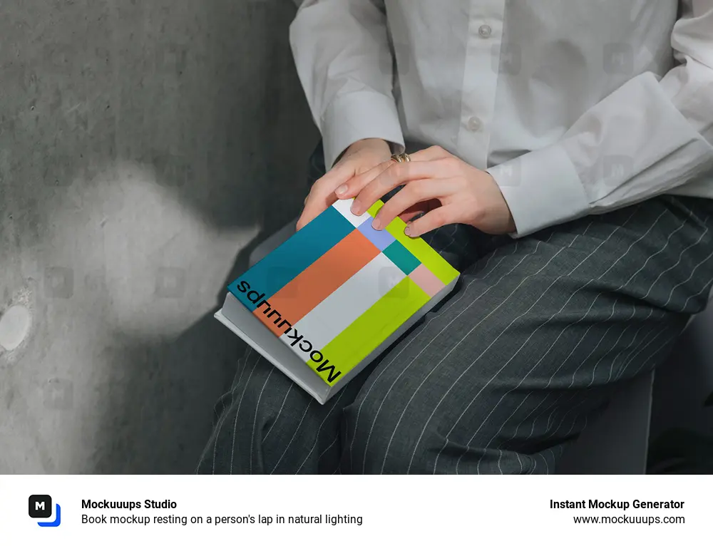 Book mockup resting on a person's lap in natural lighting