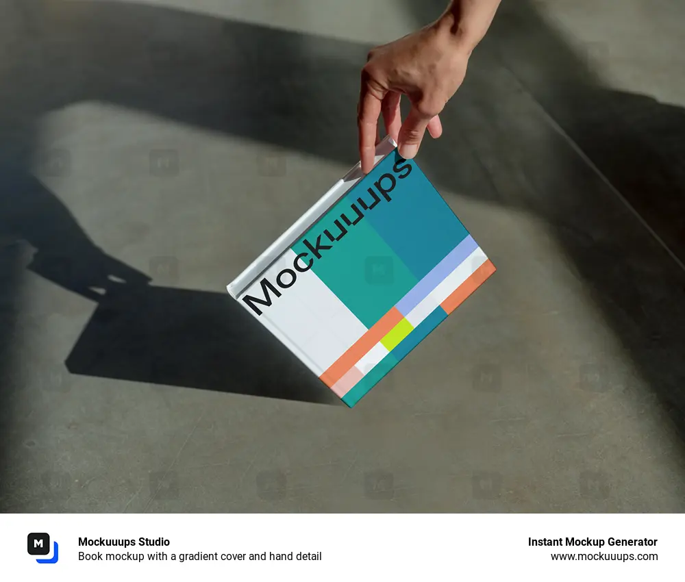 Book mockup with a gradient cover and hand detail
