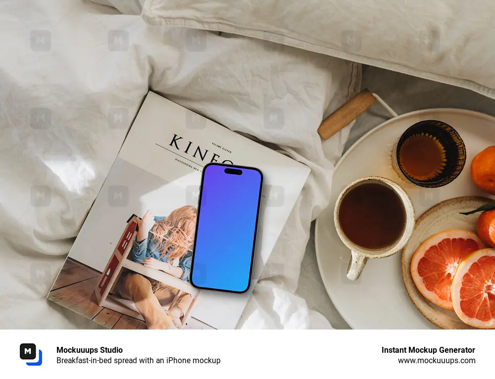 Breakfast-in-bed spread with an iPhone mockup