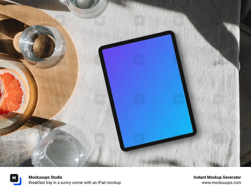 Breakfast tray in a sunny corner with an iPad mockup