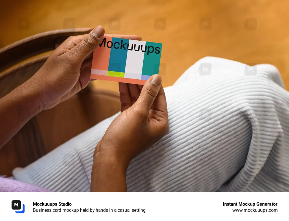 Business card mockup held by hands in a casual setting