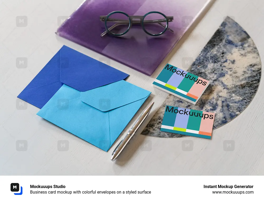 Business card mockup with colorful envelopes on a styled surface