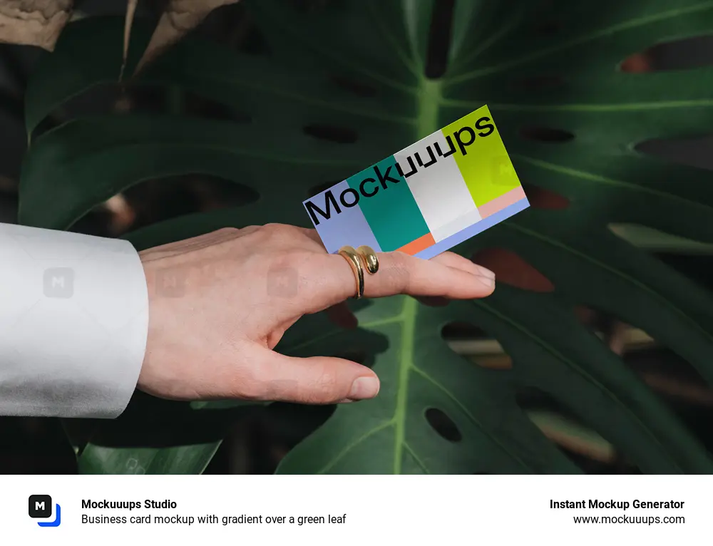 Business card mockup with gradient over a green leaf