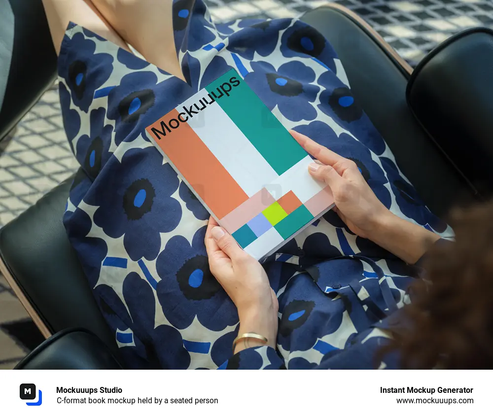 C-format book mockup held by a seated person
