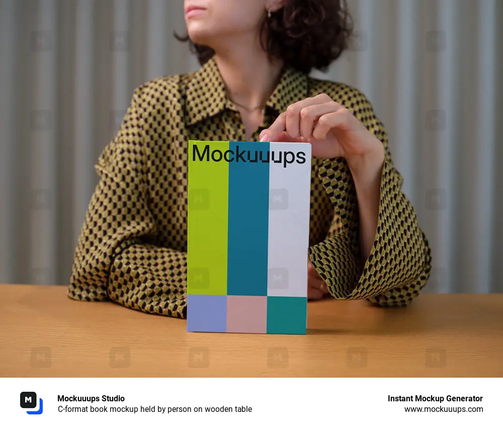 C-format book mockup held by person on wooden table