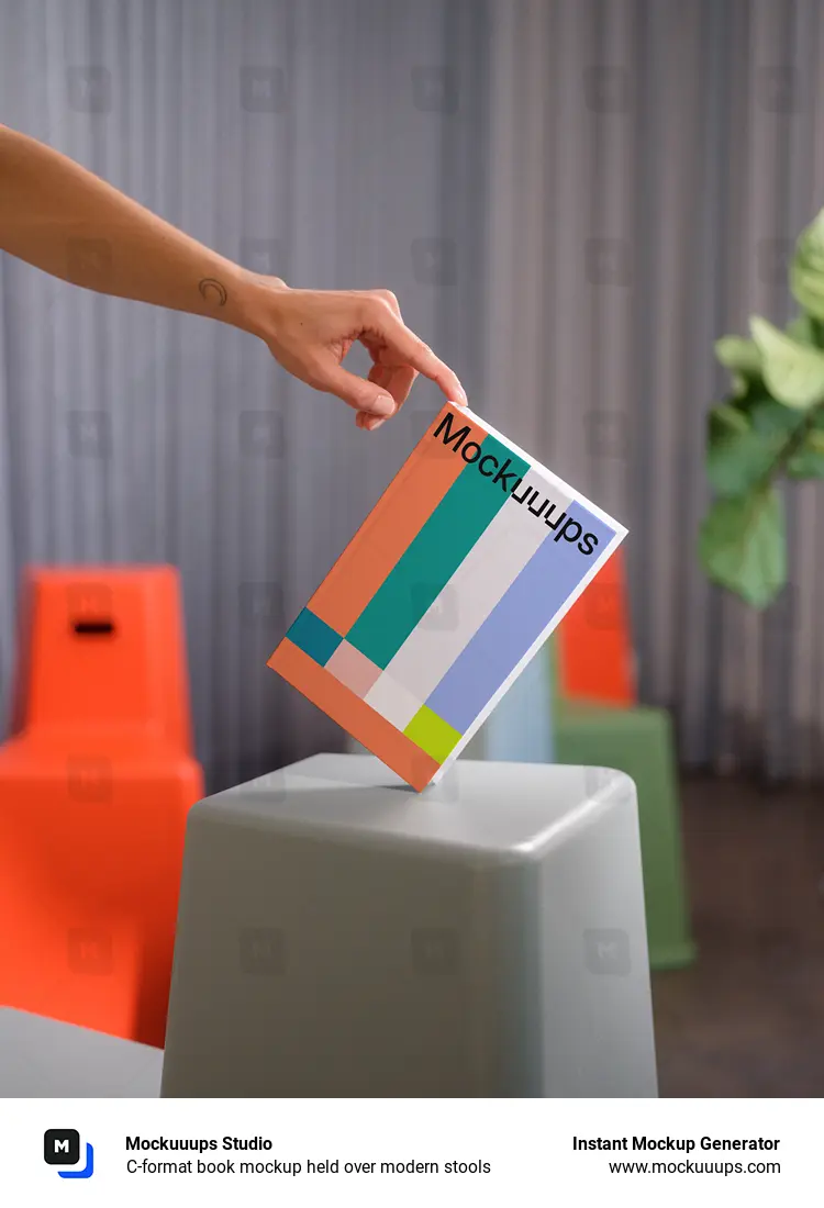 C-format book mockup held over modern stools