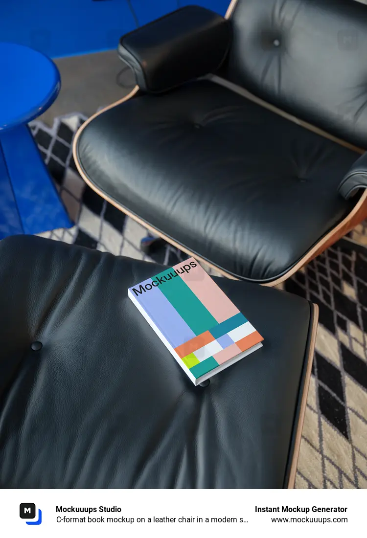 C-format book mockup on a leather chair in a modern setting