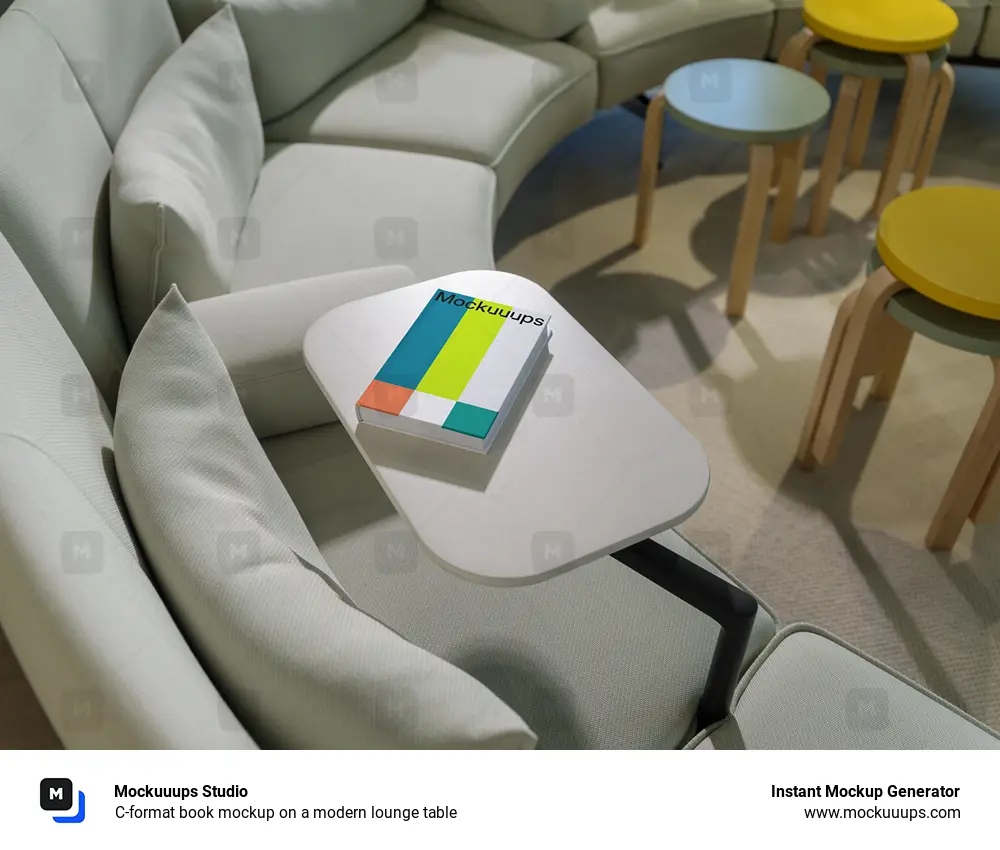 C-format book mockup on a modern lounge table