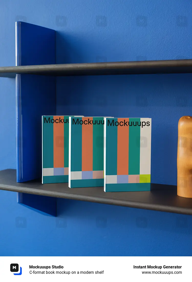 C-format book mockup on a modern shelf