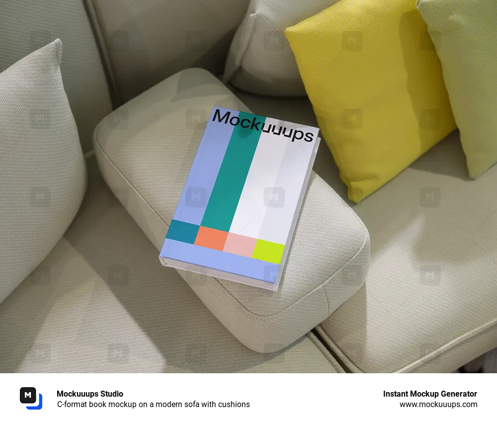 C-format book mockup on a modern sofa with cushions