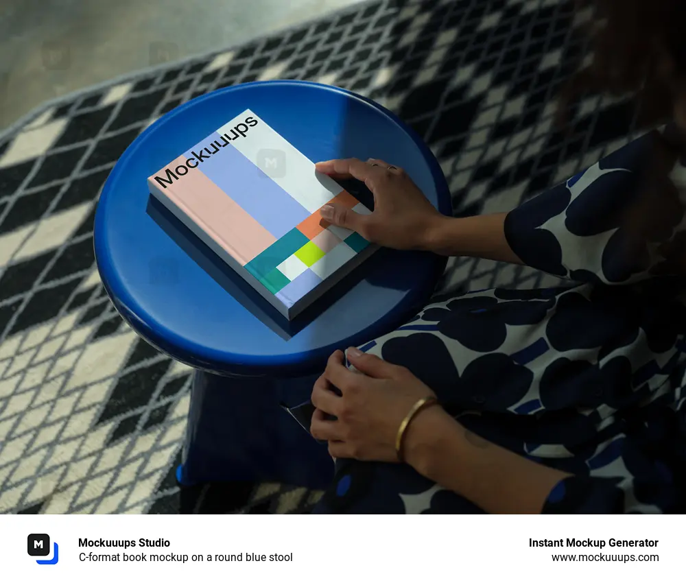 C-format book mockup on a round blue stool