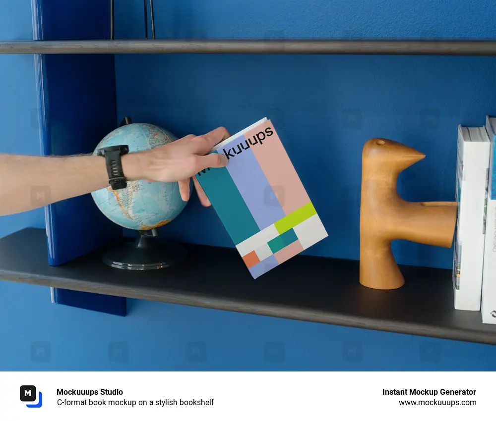 C-format book mockup on a stylish bookshelf