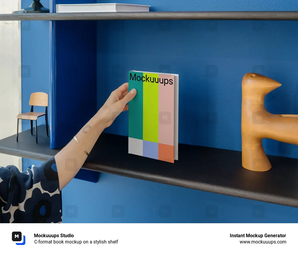 C-format book mockup on a stylish shelf