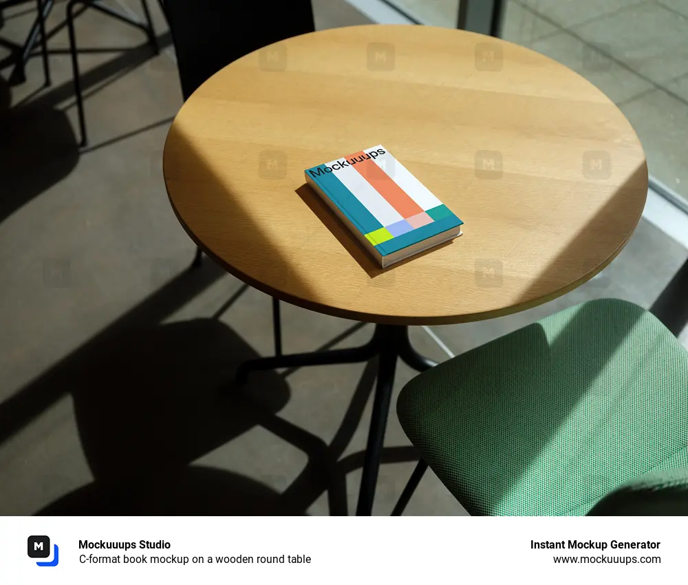 C-format book mockup on a wooden round table