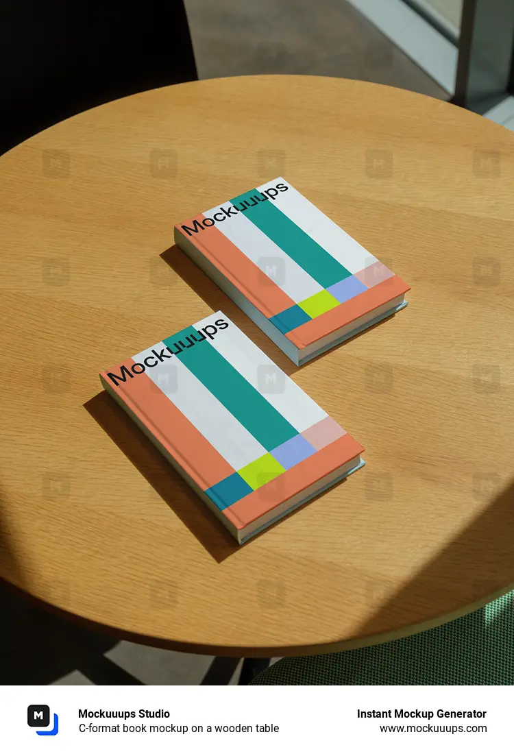 C-format book mockup on a wooden table