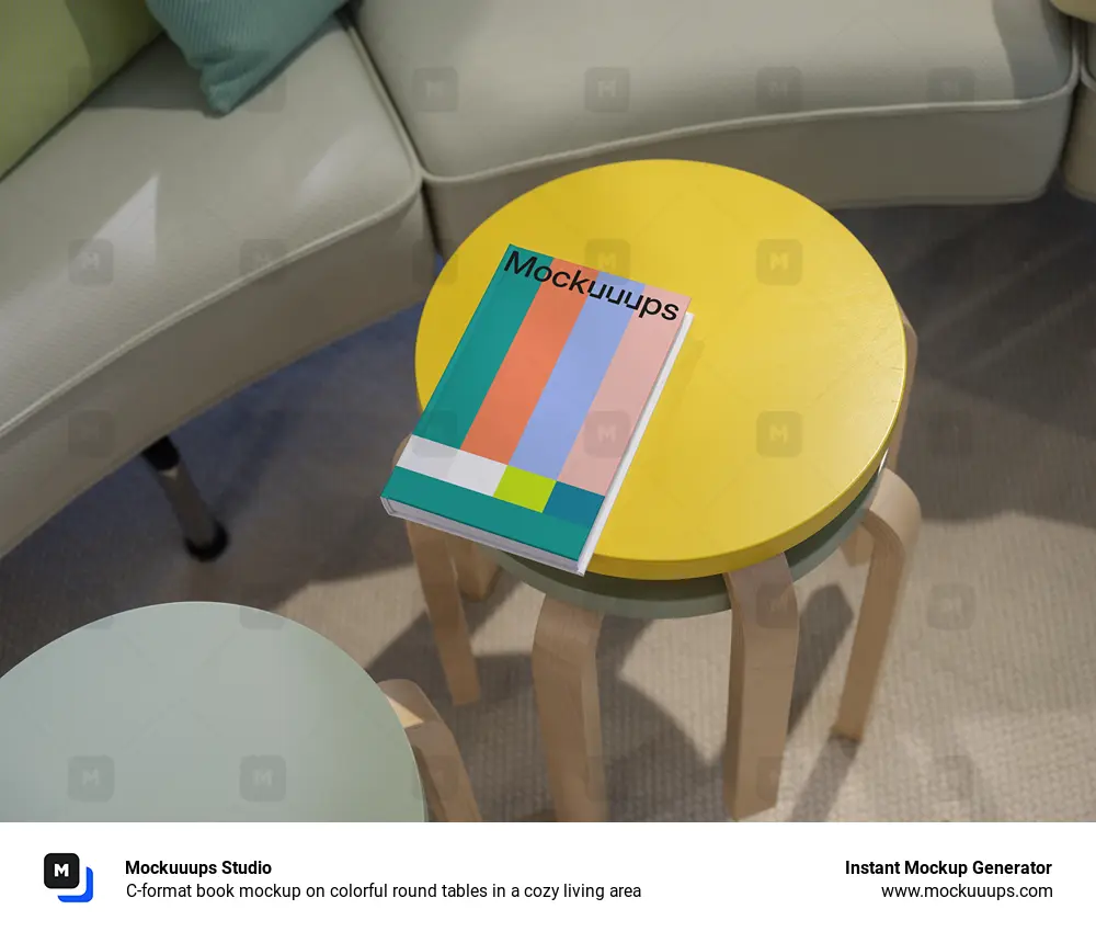 C-format book mockup on colorful round tables in a cozy living area