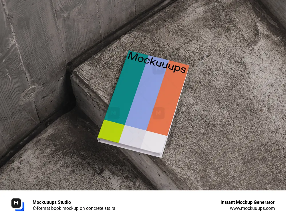 C-format book mockup on concrete stairs