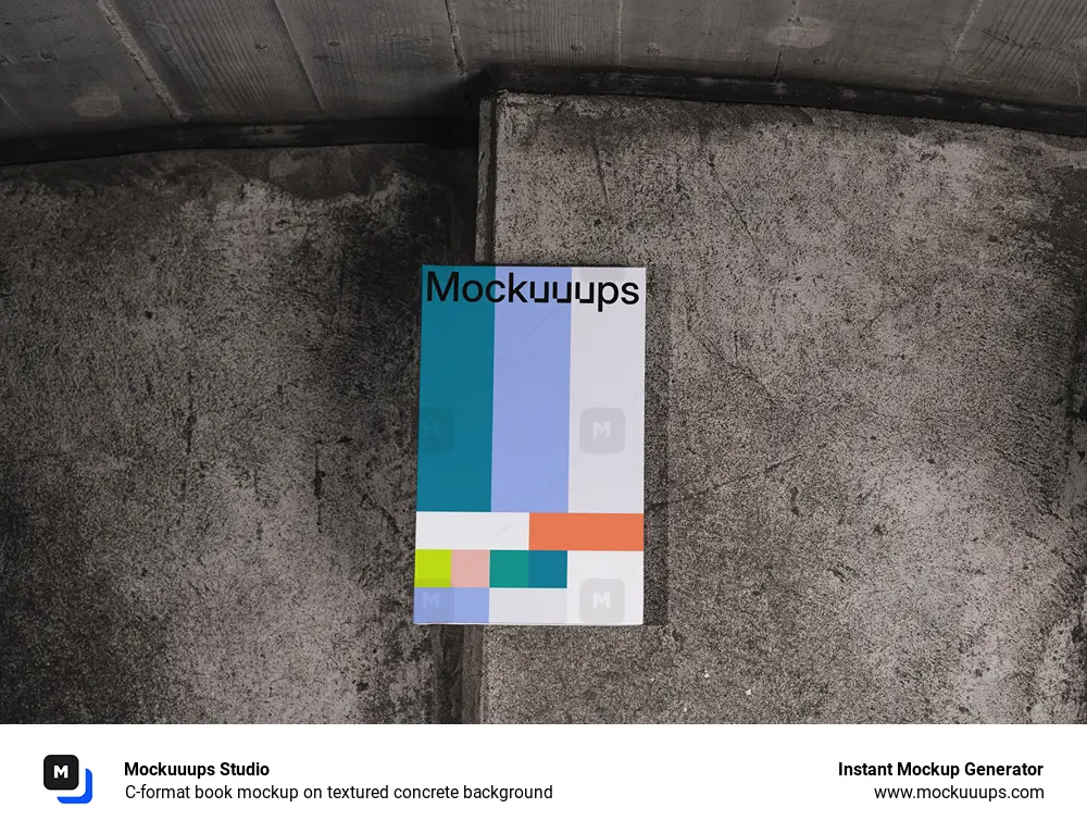 C-format book mockup on textured concrete background